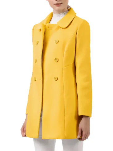 Women's Peter Pan Collar Double Breasted Yellow Wool Winter Long Peacoat