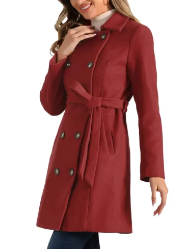 Women's Red Wool Long Peacoat