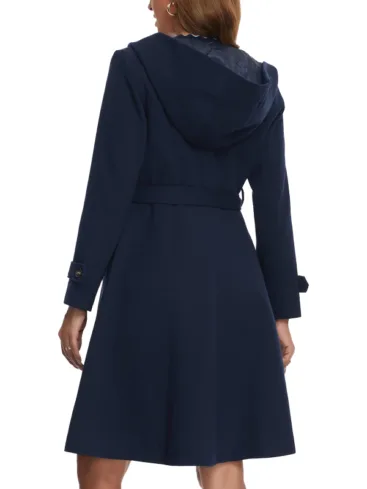 Women's Single Breasted Blue Wool Hooded Long Peacoat