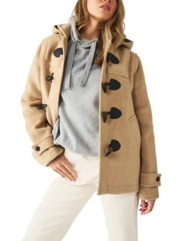 Camel Wool Hooded Short Toggle Duffle Coat For Women