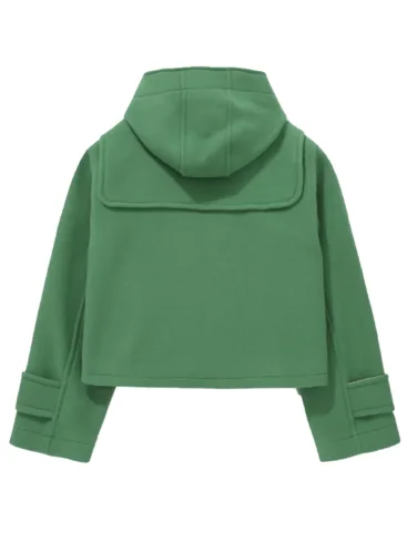 Classic Fit Short Green Wool Hooded Toggle Duffle Coat For Women