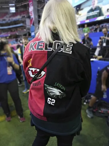 Donna Kelce Super Bowl Red and Black Denim Jacket