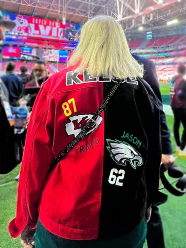 Travis Kelce Mom Donna Kelce Super Bowl Red and Black Denim Jacket