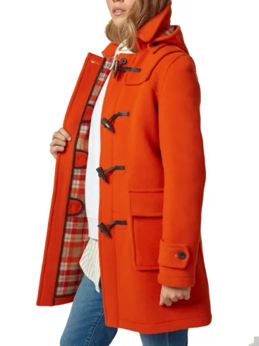 Women's Orange Wool Hooded Duffle Coat