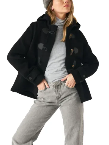 Women's Short Black Wool Hooded Duffle Coat