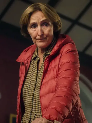 Angelica Collins Bad Sisters S02 Fiona Shaw Red Puffer Jacket