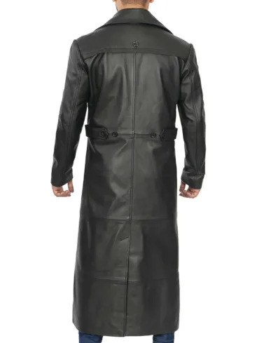 Black Leather Long Trench Men's Coat