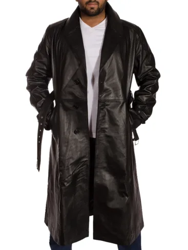 Men's Belted Black Genuine Leather Long Trench Coat 