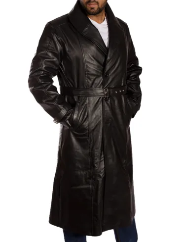 Men's Belted Black Genuine Leather Trench Coat 