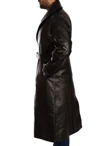 Men's Belted Black Leather Long Trench Coat 