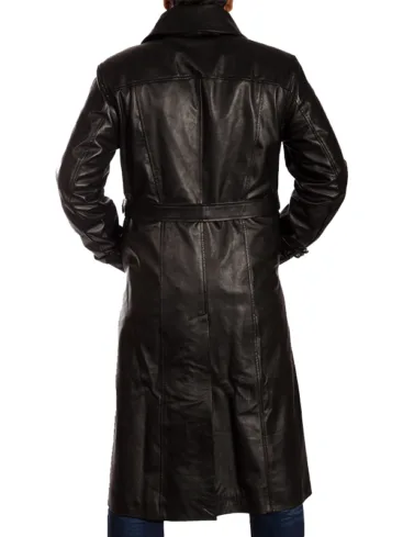 Men's Belted Black Leather Trench Coat 