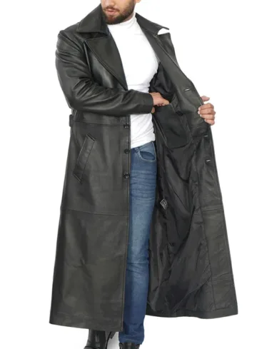 Men's Black Leather Long Coat