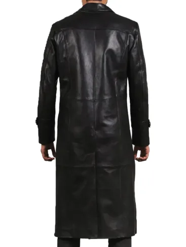 Men's Black Leather Long Trench Coat