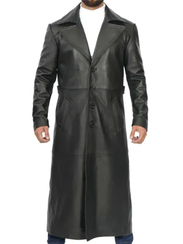 Men's Black Leather Long Trench Coat