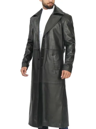 Men's Black Leather Trench Coat