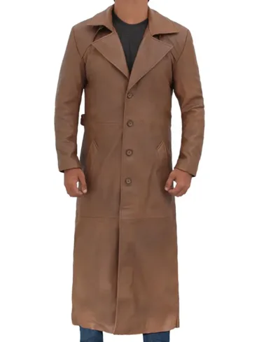 Men's Distressed Brown Leather Long Trench Coat