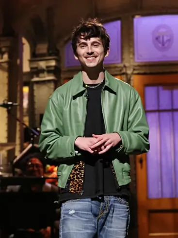 Timothée Chalamet SNL Green Leather Jacket